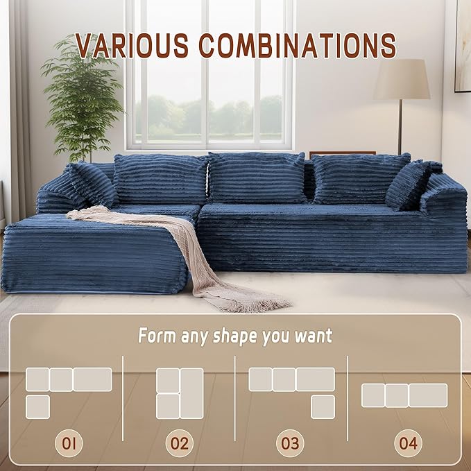 Korser 110" L-Shaped Modular Sectional Sofa with Chaise, Boneless Comfy Corduroy Fluffy Couch with Deep Seat and Side Pockets, Flexible Module Combination for Living Room, No Assembly, Side Pockets