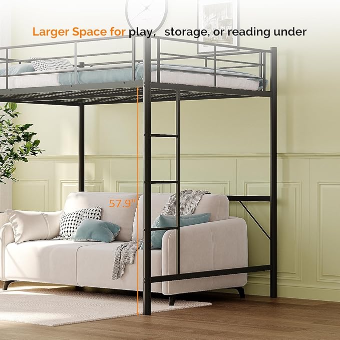 VINGLI Full Size Loft Bed Kids Loft with 2 Stairs Design,Space-Saving Double Bed for Teens, Adults, Heavy Duty Metal Square Slat, No Box Spring Needed,Black