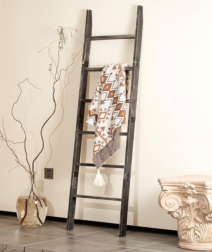 Blanket Ladder for The Living Room 6-Tier, Wooden Decorative Quilt Holder for Bed Room, Wall-Leaning Wood Towel Rack for Bathroom，Rustic Farmhouse Ladders for Display.(Black Wash)