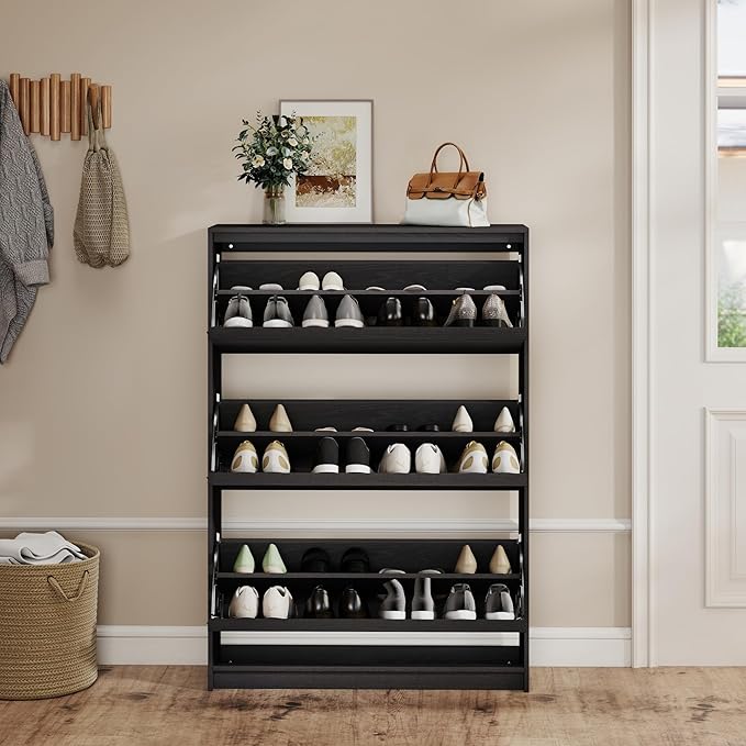 Shoe Cabinet with 3 Flip Drawers, 31.5" W Narrow Shoe Storage Cabinet for Entryway, Slim Shoe Organizer with Adjustable Shelves, Freestanding Shoe Rack for Hallway, Living Room, Black