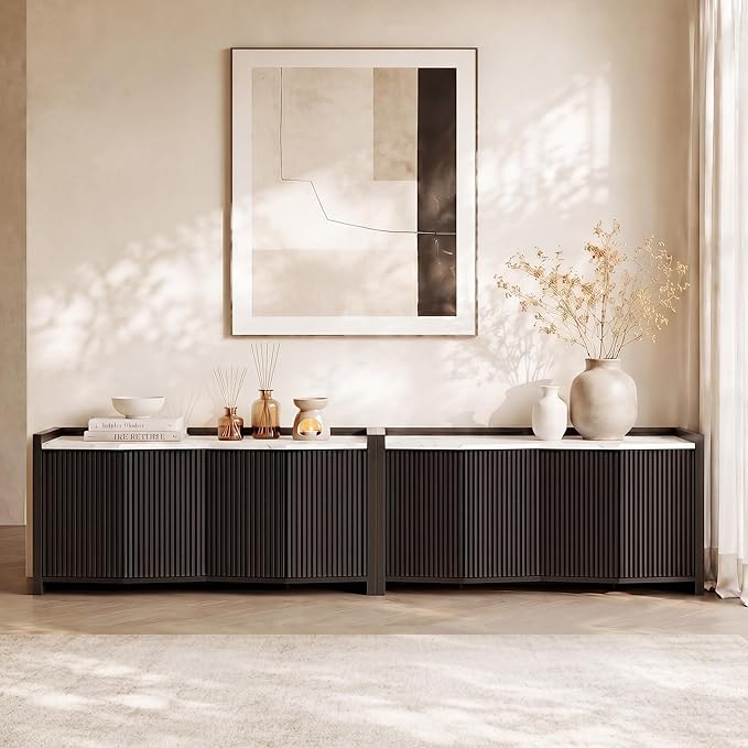 BELLEZE Set of 2 Sideboard Buffet Cabinet, 132'' Modern Credenza with Storage Adjustable Shelf, Fluted Console Table with Faux Marble Panel for Kitchen, Dining Room, Entryway - Ebony