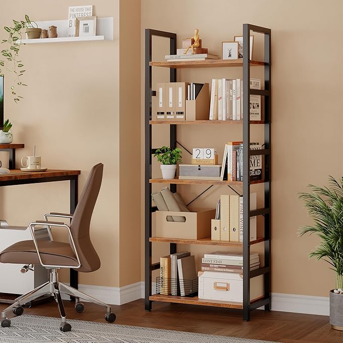 DUMOS 5-Tier Bookshelf, Modern Tall Bookcase, Open Storage Display Shelf for Living Room, Bedroom, Home Office, Narrow Standing Shelving Unit for Books, CDs, Décor，Rustic Brown