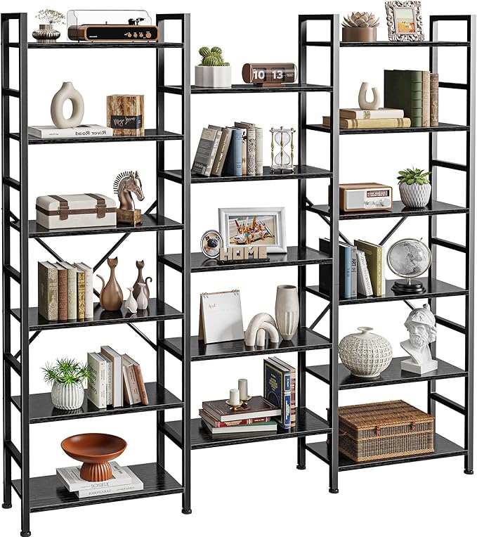 SUPERJARE Triple Bookshelf, Bookcase with 17 Open Display Shelves, Wide Book Shelf Book Case for Home & Office, 6 Tier, Black