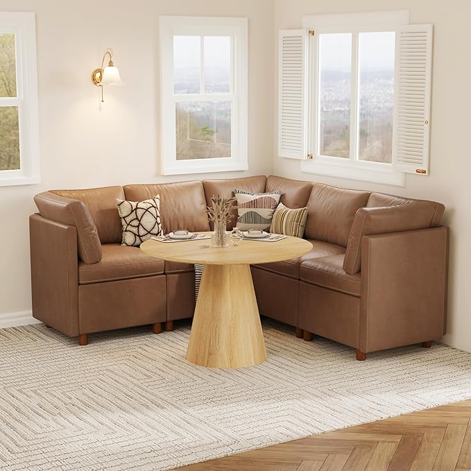 SITJOY Breakfast Nook Bench with Storage, Modular Corner Kitchen Banquette Seating, Dining Settee Couch, Upholstered Dining Bench with Back, Pet-Friendly Faux Leather in Brown, 5-Seat L Shaped Booth