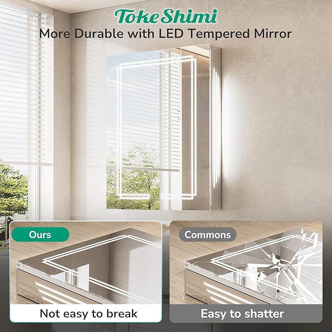 TokeShimi 30x26 Inch Lighted Medicine Cabinet, LED Medicine Cabinet with Lights, Wall-Mounted Bathroom Cabinet Mirror with 3 Color Temperature, Anti-Fog, CRI 80+, Memory Function, Tempered Glass