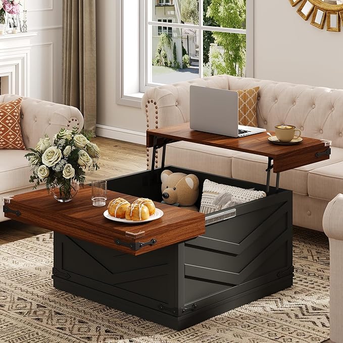 UNIQUITE 31.5'' Lift Top Coffee Table, Sliding Top Square Center Table with Large Hidden Storage Organizer, Multi-Functional Farmhouse Coffee Tables for Living Room, Bedroom, Home Office, Black