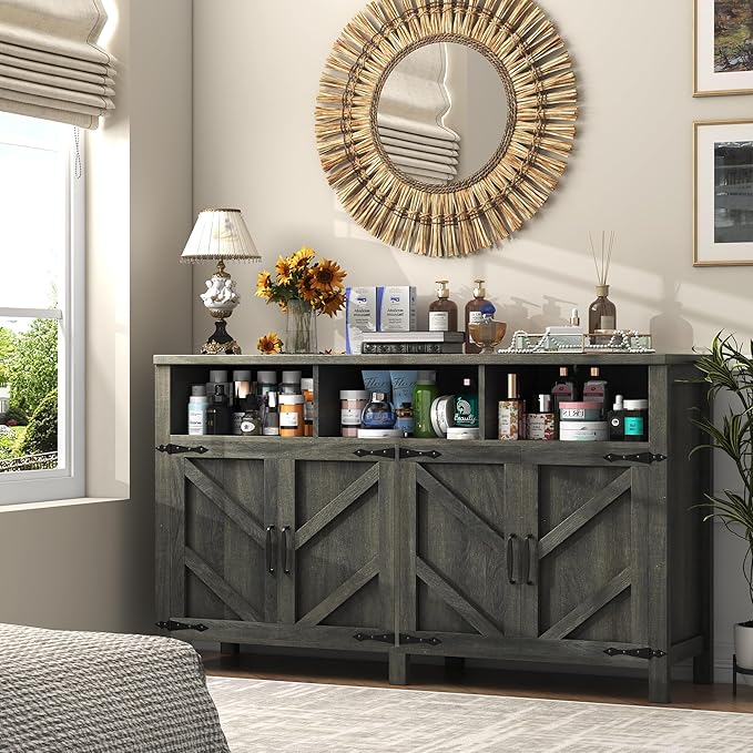 knoworld Buffet Sideboard with Storage Farmhouse with 4 Doors, 55'' Large Kitchen Storage Cabinet Wood Coffee Bar Cabinet Buffet Table with Shelves for Kitchen, Dining Room, Entryway (Gray, 55in)
