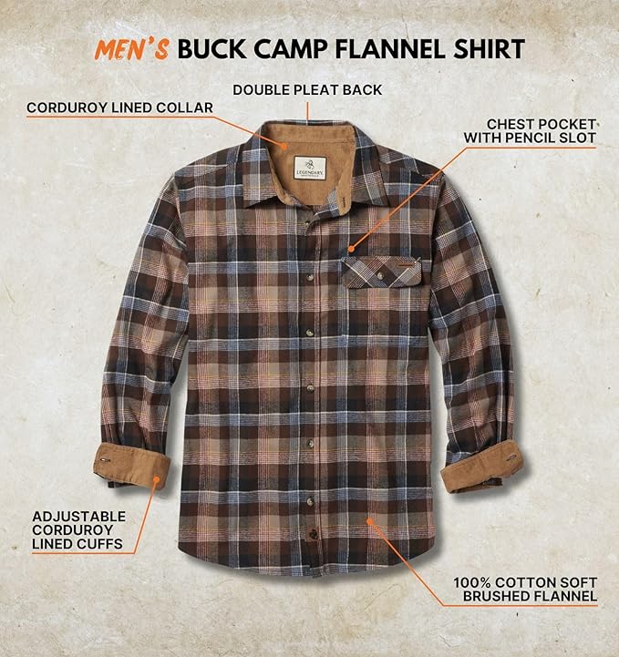 Legendary Whitetails Mens Long Sleeve Button Down 100% Cotton Flannel Shirt