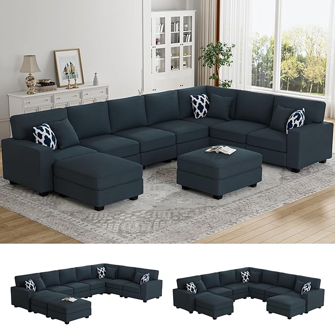 Legend Vansen Oversized Modular Sectional Sofa,U/L‑Shaped Reversible Couch with Ottoman,Deep Seat Plush Polyester Sofa for Living Room,9‑Seater,Charcoal