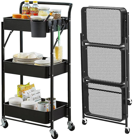 Foldable Rolling Cart 3 Tier Utility Storage Cart No Assembly Metal Heavy Duty Kitchen Carts Folding on Wheels Trolley Organizer Cart with Cup and Hooks for Office/Classroom/Dorm(Black)