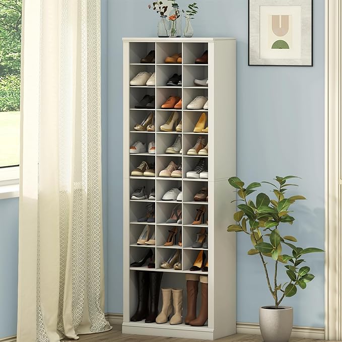 Hzuaneri 11 Tiers Shoe Storage Cabinet, Tall Shoes Cabinet with Cubby, Freestanding Wooden Shoe Organizer, 30-33 Pairs, Shoes Cubby Organizer for Entryway, Bedroom, White 02001BSR