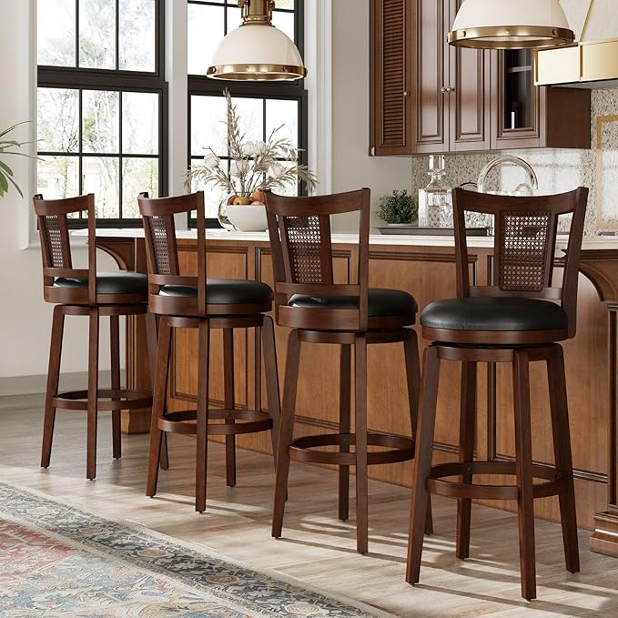 Sophia & William 30 Inch Swivel Bar Stools Set of 4, Bar Height Barstools with Backrest & Solid Wood Legs, Brown Faux Leather Kitchen Stools