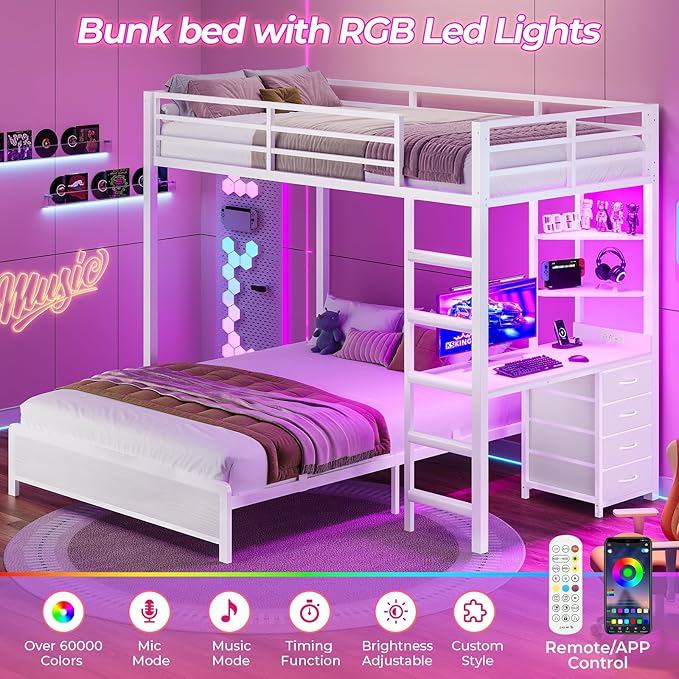 ADORNEVE Twin Over Full Bunk Bed with Desk, Bunk Beds Twin Over Full Size with Charging Station & Led Lights, Storage Drawers & Shelves, Loft Bed with Safety Guardrail & Ladder for Kids/Teens, White
