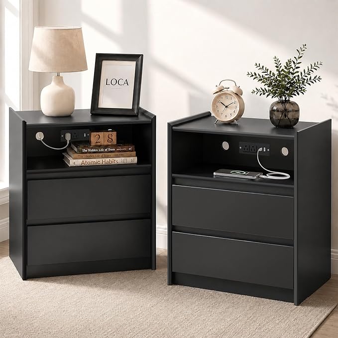 24" Tall Nightstand with Charging Station Including USB-C, Modern Bedside Table and Sofa End Table - Black, 2 Drawers, Set of 2