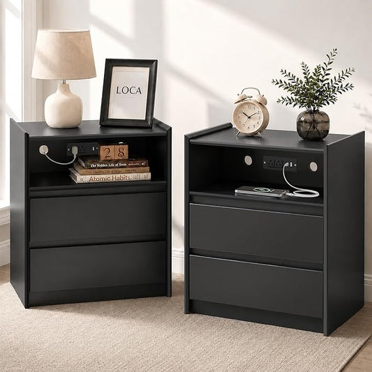 24" Tall Nightstand with Charging Station Including USB-C, Modern Bedside Table and Sofa End Table - Black, 2 Drawers, Set of 2