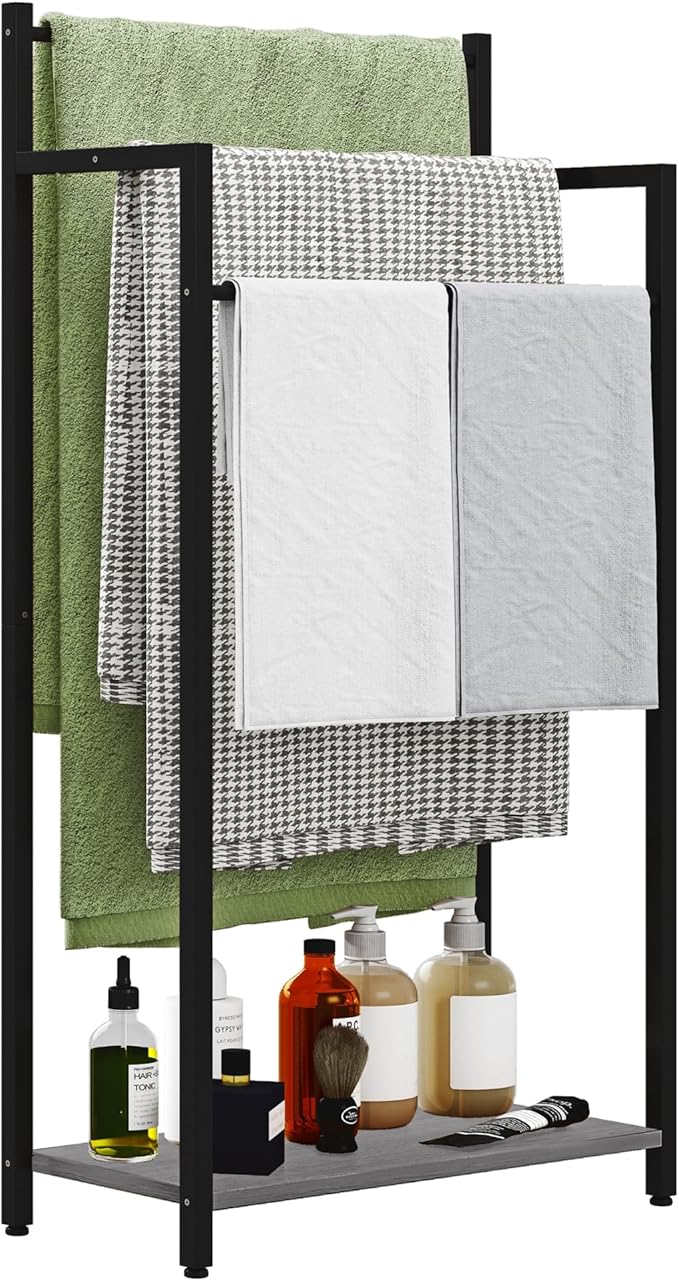 Freestanding Towel Rack, 3 Tier Blanket Ladder Stand with Oak Grey Wooden Shelf for Bathroom Living Room (31.5" H x 16.9" W x7.9 D)