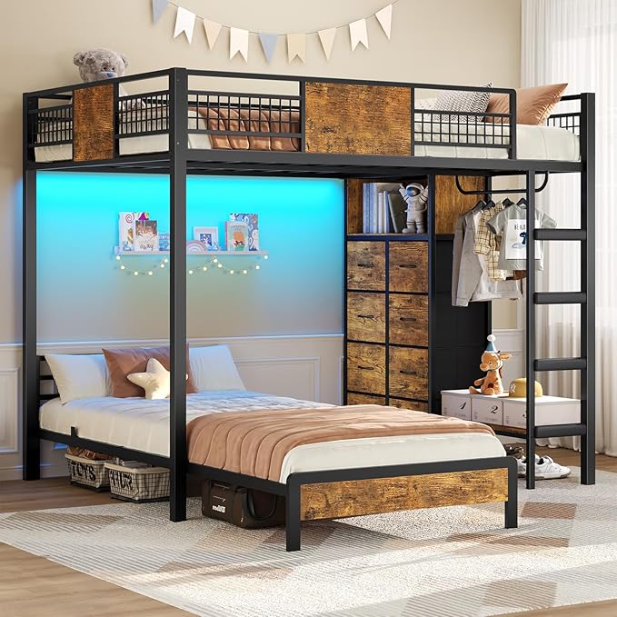 ADORNEVE Full Over Twin Bunk Bed with 8 Storage Drawers, Metal Loft Bed with Led Lights & Storage Shelves, Bunk Beds Twin over Full Size with 13.4" H Safety Guardrail & Ladder, for Kids & Teens, Black