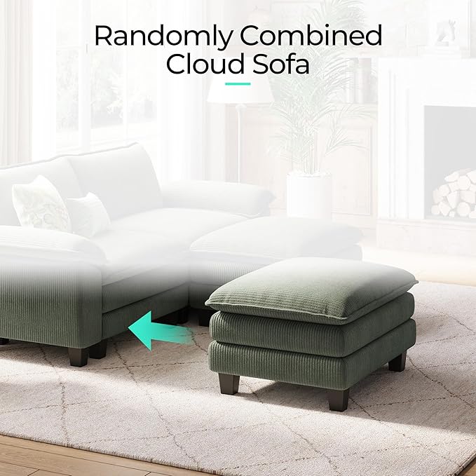 LINSY HOME 90" Modular Cloud Love Seat Sofa, Corduroy Soft Sectional Couch, Modern Comfy Love Seat with 2 Movable Ottoman, Perfect for Living Room, Apartment, Office, Green