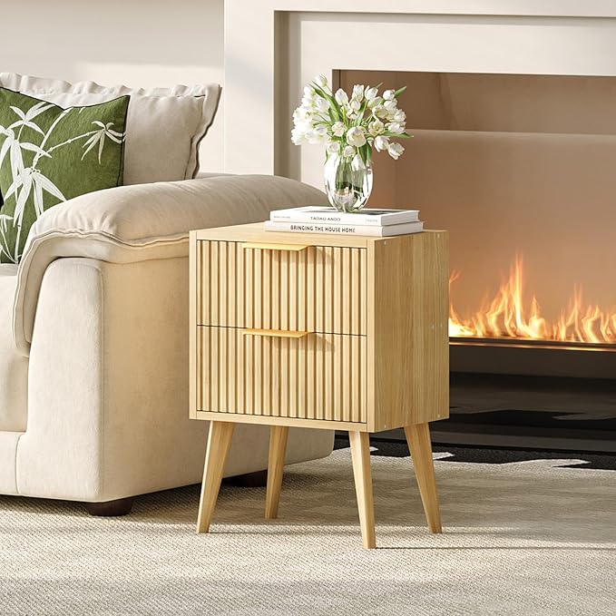 YAUKOMEL Fluted Nightstand,Small Bedside Table,Natural Wood Night Stand,Light Wood Side Table with Solid Wood Legs,End Table for Bedroom,Small Space 11.8" D x 15.7" W x 22.8" H Natural CTG55Y