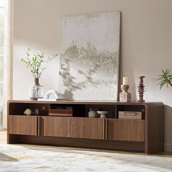 AMERLIFE 70" Fluted Wood TV Stand for TVs up to 80", Media Console Entertainment Center with Storage Cabinets for Living Room, Brown