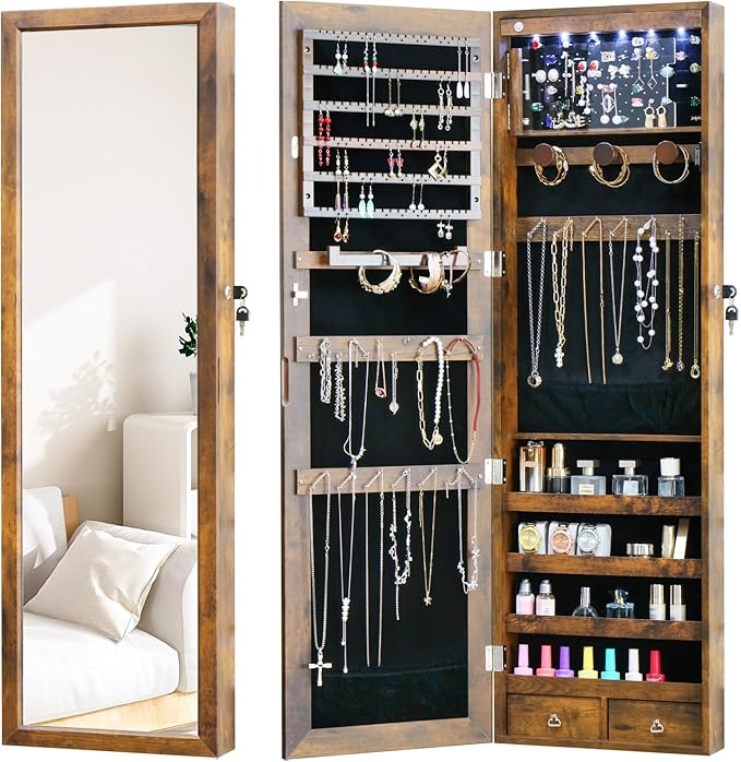 LED Jewelry Cabinet with Mirror - 47.3" Mirror Jewelry Armoire Door Hanging/Wall Mounted Mirror with Storage And Drawers Rustic Brown