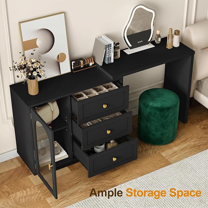 RoyalCraft 59" Makeup Vanity Desk, Black Vanity Dresser, L Shaped Corner Vanity Table with 3 Drawer & 1 Door, Modern Extendable Dressing Table for Bedroom, Dressing Room, Small Space (Without Mirror)