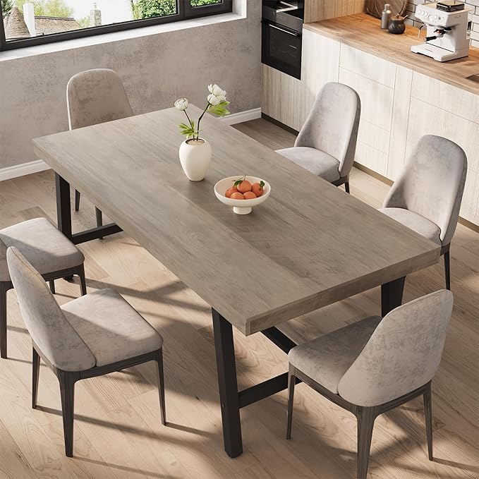 GarveeHome Industrial Dining Table for 6-8 People, 70.87" Long Large Kitchen Table with Sturdy Metal Frame, Rectangular Counter for Dinner, Kitchen, Dining Room (Grey, 71" Non-extendable)