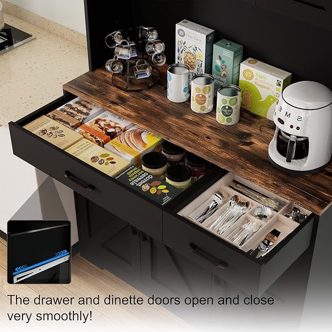 71" Kitchen Pantry Cabinet with Charging Station, Pantry Storage Cabinet Large Kitchen Hutch with Microwave Stand, Coffee Bar Station with Doors and Adjustable Shelves, Black and Brown