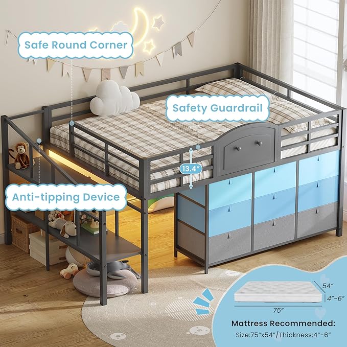 VIAGDO Low Loft Bed Full Size with 9 Storage Drawers and LED Lights, Metal Full Size Loft Bed with Stairway Shelf Storage, Low Loft Bed with Safety Guardrail and Under-Bed Hideaway for Kids, Grey