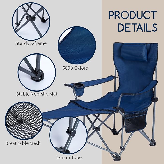 Folding Reclining Camping Chairs Footrest: 3 in 1 Portable Beach Lounge Chair Tanning Chairs with Backpack Lay Flat Lawn Chair Camping Furniture Camp Fishing Outdoor Carry Bag (Cloth Back, Navy Blue)