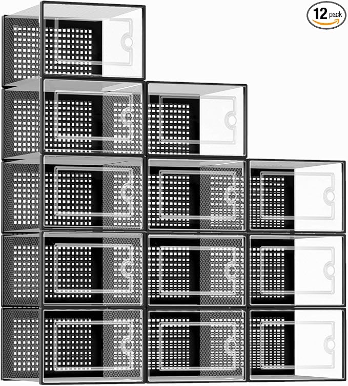 Kuject X-Large Shoe Storage Boxes Organizers Clear Plastic Stackable 12 Pack, Shoe Rack & Holder Substitute, Sneaker Containers, Toy Storage Organizer Bins for Entryway, Closet, Under Bed, Black