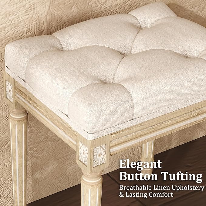 Yusong Vanity Stool Upholstered Bench Seat for Makeup Room, Vintage Small Bedroom Bench Dining Bench with Tufted Fabric for Living Room, Piano Stool with Rustic Wood, Easy Assemble,Beige