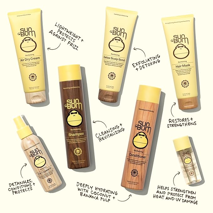 Sun Bum Revitalizing 3 in 1 Leave In Conditioner - Anti Frizz Detangler - Color Friendly with UV Protection - Enriched with Coconut Oil and Banana - 1.5 oz (Pack of 3)