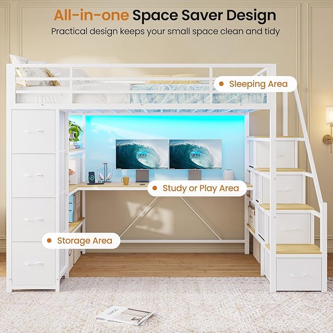DICTAC Loft Bed Twin Size with Storage Stairs,Desk and Charging Station,Metal Twin Loft Bed with LED Lights,8 Storage Drawers,3-tier Shelves,Loft Beds for Kids,Teens,Adults with Safety Guardrail,White