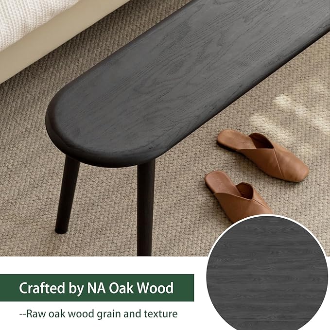 47'' 100% Solid Oak Wood Dining Bench,Rounded Corner Baguette Shape Chair Surface Design,Entryway Bedroom Bed End Bench (47.3inch, Black)