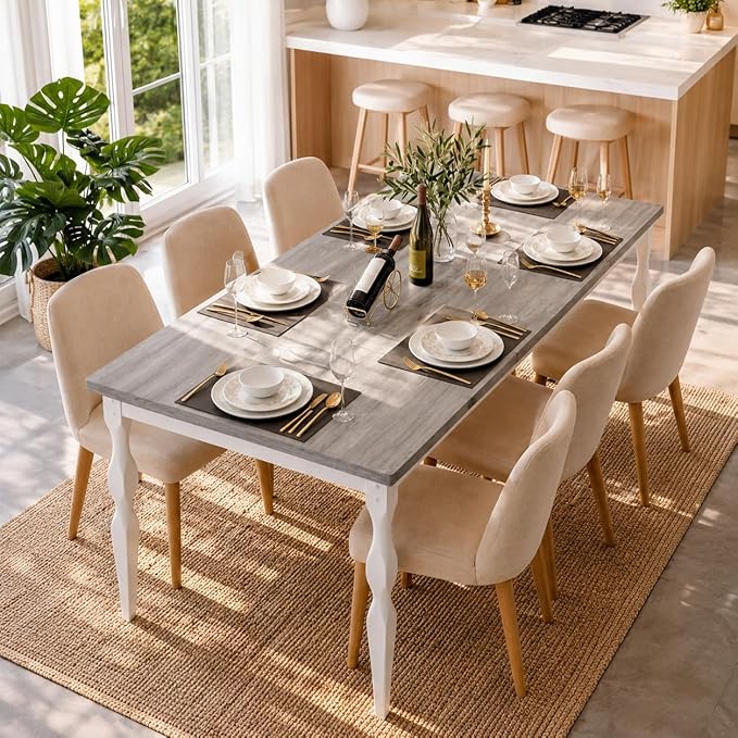 Rectangular Dining Table for 6, 71 in Rustic Farmhouse Kitchen Table with Large Tabletop, Long Wooden Dining Room Table with Heavy Duty Legs, Dinette and Dinner Desk for Party, Big Family, Grey