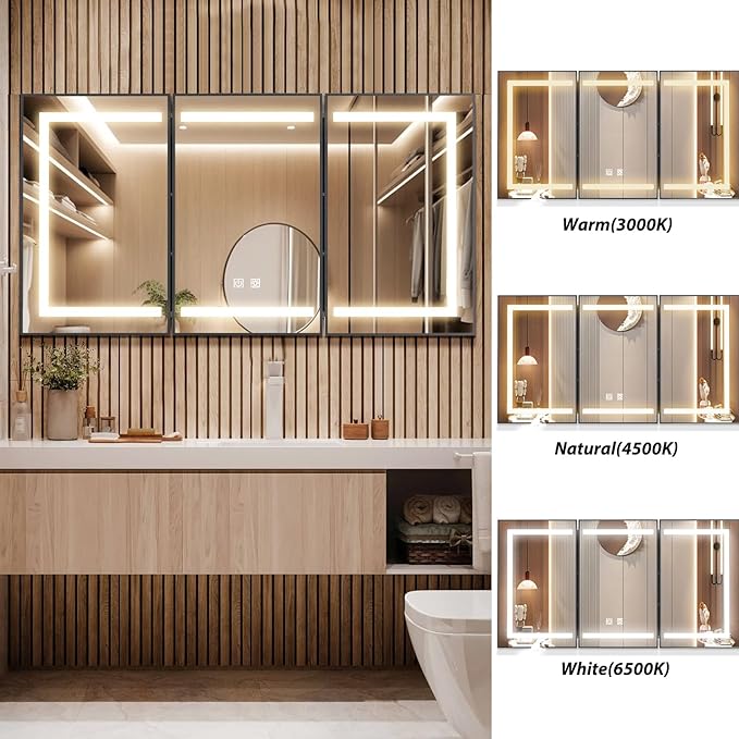 APRILSOUL 48x32 Inch Lighted Bathroom Medicine Cabinet with Mirror, Black Recessed or Surface Mount Medicine Cabinet Mirror with Storage and LED Lights, 3 Colors Temperature, Dimmable Light