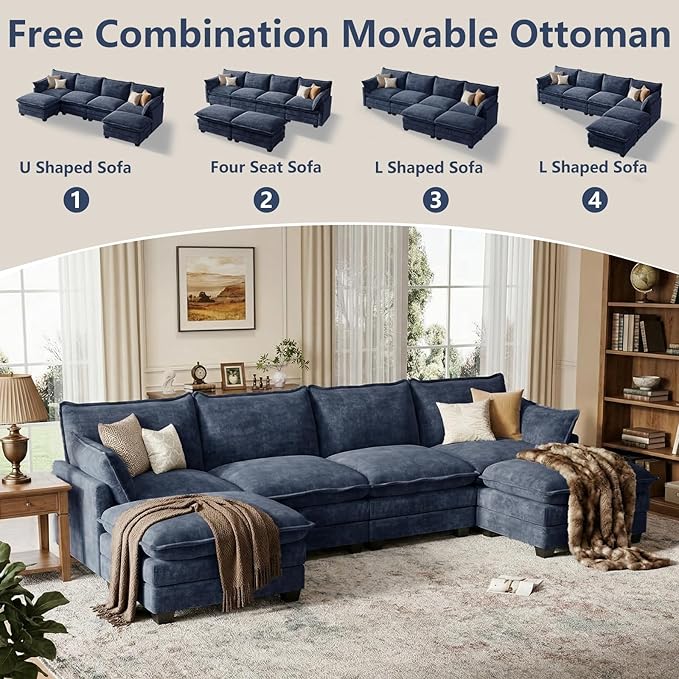 U Shaped Modular Sectional Sofa, Cloud Couch with Movable Ottoman, Comfy Chenille Sofa with Pillows for Living Room, Bedroom, Apartment, Blue