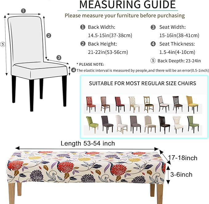 FORCHEER Dining Room Chair Covers Se of 4 and Bench Cover Waterproof Parson Chair and Bench Slipcovers Set Washable (Waterproof Printed-Flowers)