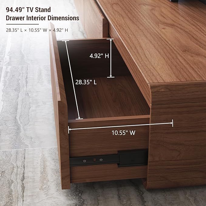 Floor Base TV Stand, Mid-Century Modern Media Console with 3 Storage Drawers, Fits 65–100 Inch TVs, Low Profile Entertainment Center(Walnut, 94.49", Floor Standing (Full Base))