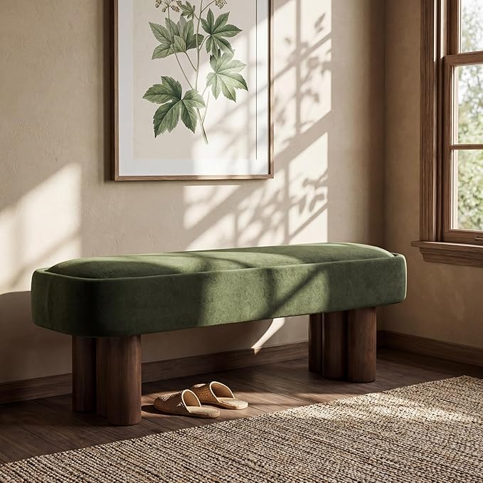 Merax 60.04'L Indoor Boucle Dining Bench with Walnut Color Legs, Upholstered Seating for Kitchen, Dining Room and Living Space,250lbs Capacity,Green