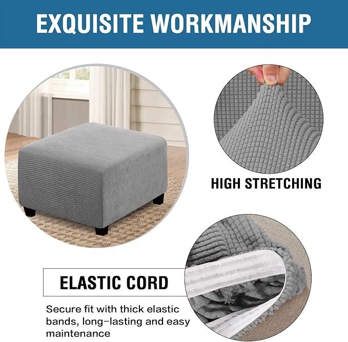 H.VERSAILTEX Square Ottoman Covers Ottoman Slipcovers Folding Storage Stool Furniture Protector Form Fit with Elastic Bottom, Stretch High Spandex Small Checks Jacquard Fabric(Large,Dove)
