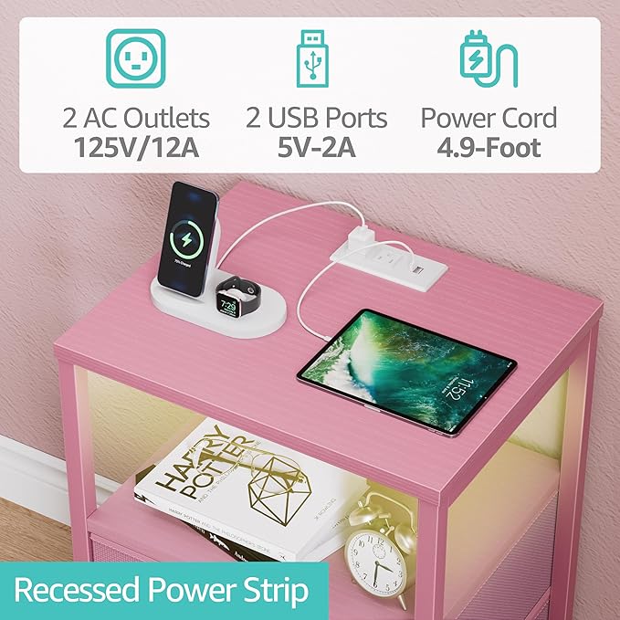 BOLUO Pink Nightstand with Charging Station, LED Night Stand with 2 Fabric Drawers, Bedside Table with USB Ports and Outlets, Nightstand for Bedroom Modern