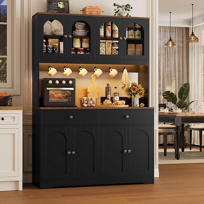 HIFIT 71" LED Kitchen Pantry Cabinet with Power Outlet, Large Kitchen Hutch Cabinet with 2 Storage Drawers & Arched Door, Countertop & Hooks, Tall China Bar for Dining Living Room (Black)