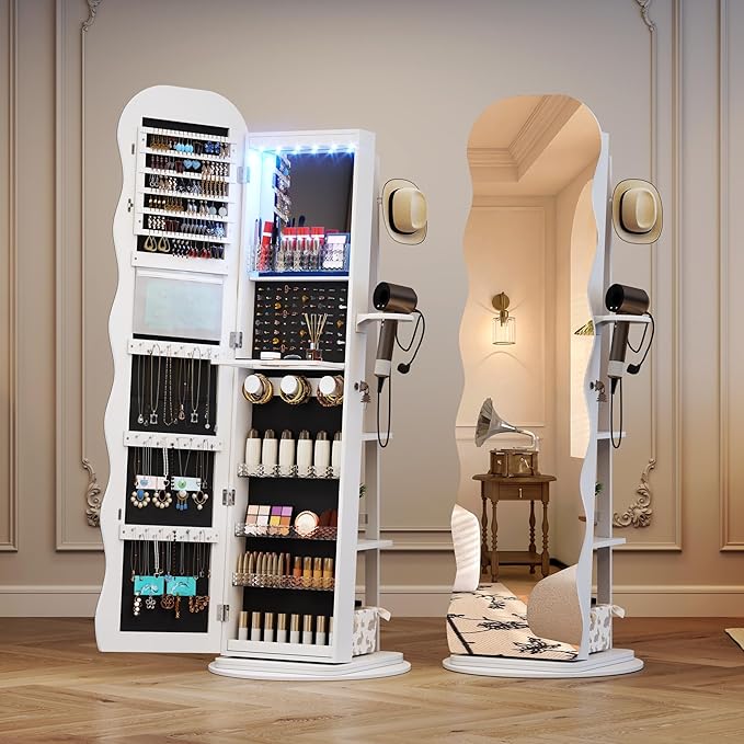 Vlsrka 360° Swivel Jewelry Aromire with Wavy Mirror, Lockable Jewelry Organizer Mirror Full Length, Rotatable Standing Mirror with Storage, Jewelry Cabinet, Interior Mirror, Flodable Shelf, White