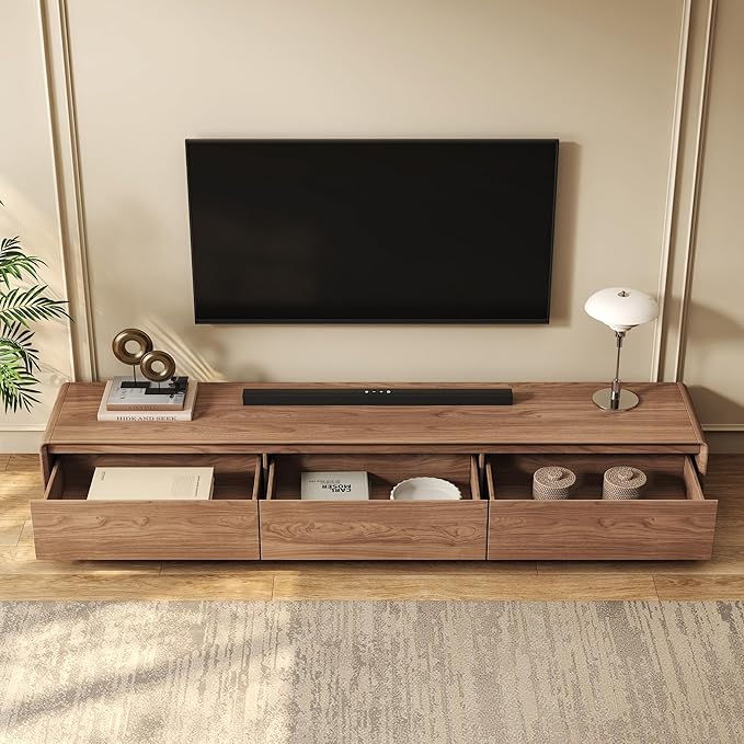 Wood Base TV Stand, Mid-Century Modern Media Console with 3 Storage Drawers, Fits 65–100 Inch TVs, Low Profile Entertainment Center for Living Room(Walnut, 78.74", Floor Standing (Wood Base))