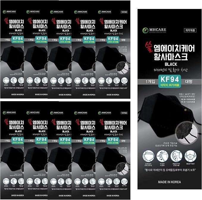 (Pack of 10) Korea Black Disposable KF94_ Face Masks, Unisex, 4-Layer Filters Breathable Comfortable, Adjustable Strap, Nose Mouth Covering Dust Mask Made in Korea.
