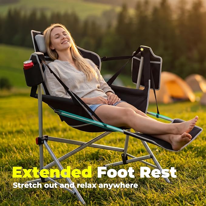 Hammock Camping Chair with Footrest, Oversized Swinging Folding Camp Chair for Adults, Adjustable Back & Seat, Heavy Duty Rocking Chair with Cup Holder & Pillow for Outdoor Patio Lawn RV, Black