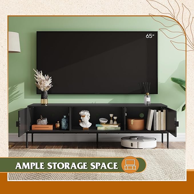 WLIVE 58" TV Stand for 65 Inch TVs, Mid Century Modern Entertainment Center with 2 Storage Cabinets & Open Shelf, Media Console Table with Metal Legs for Living Room, Bedroom, Black