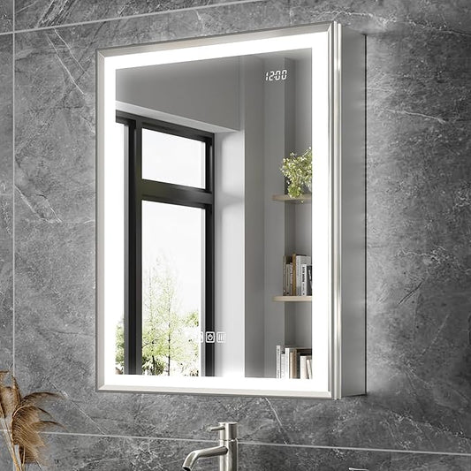 Lighted Medicine Cabinet with Mirror, 20x26 Beveled Brushed Nickel Framed Surface or Recessed Fogless Dimmable LED Medicine Cabinet with Outlet, Time Display & Sensor Inner Light(Right Hinge)